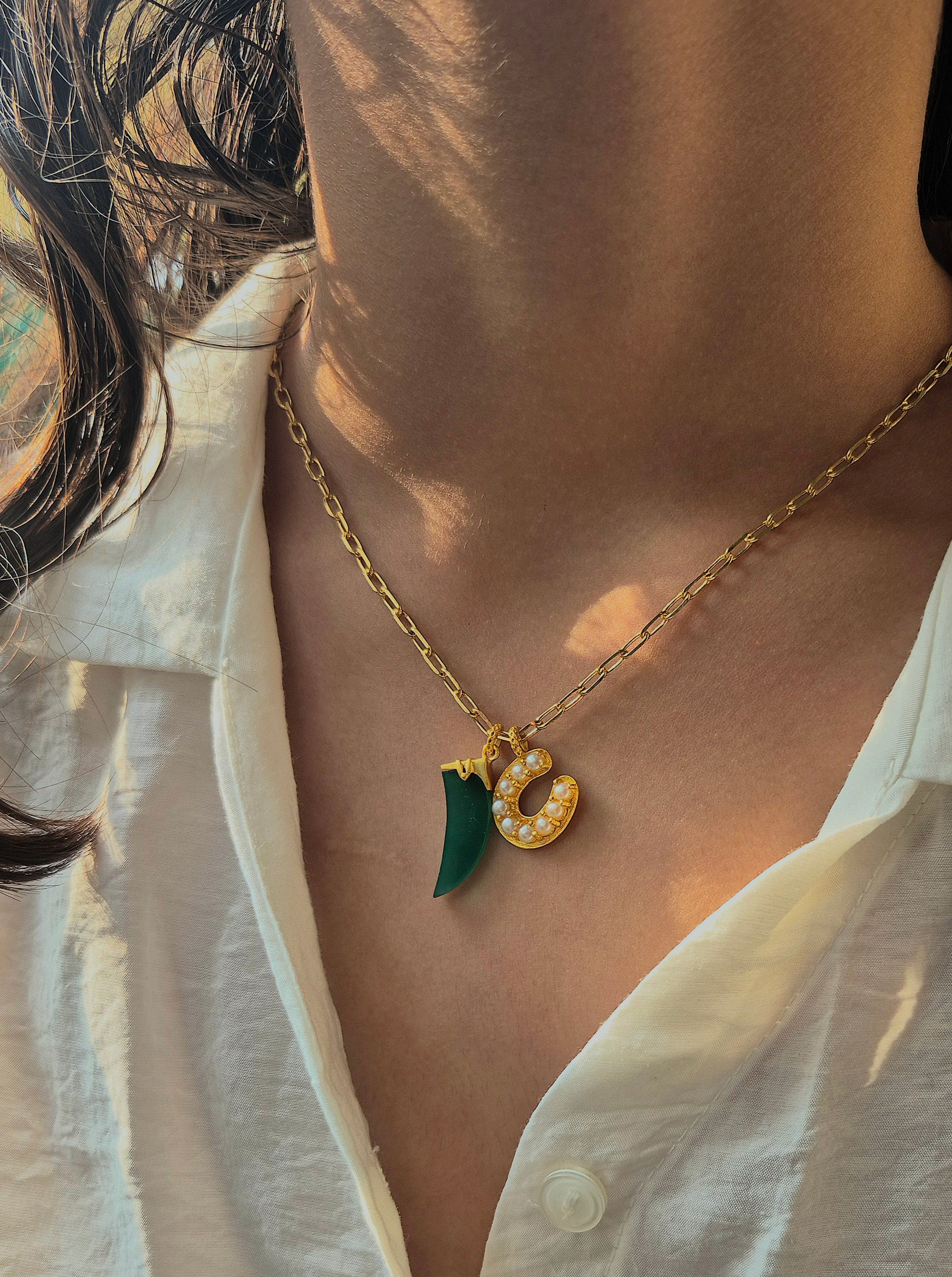 green onyx horn and horse shoe necklace
